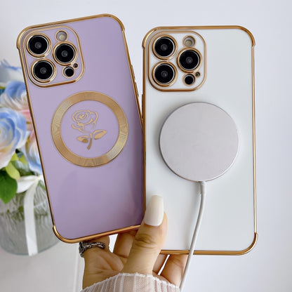 For iPhone 15 Plus Electroplate Side Roses Flower MagSafe Phone Case(Dark Purple) - iPhone 15 Plus Cases by buy2fix | Online Shopping UK | buy2fix