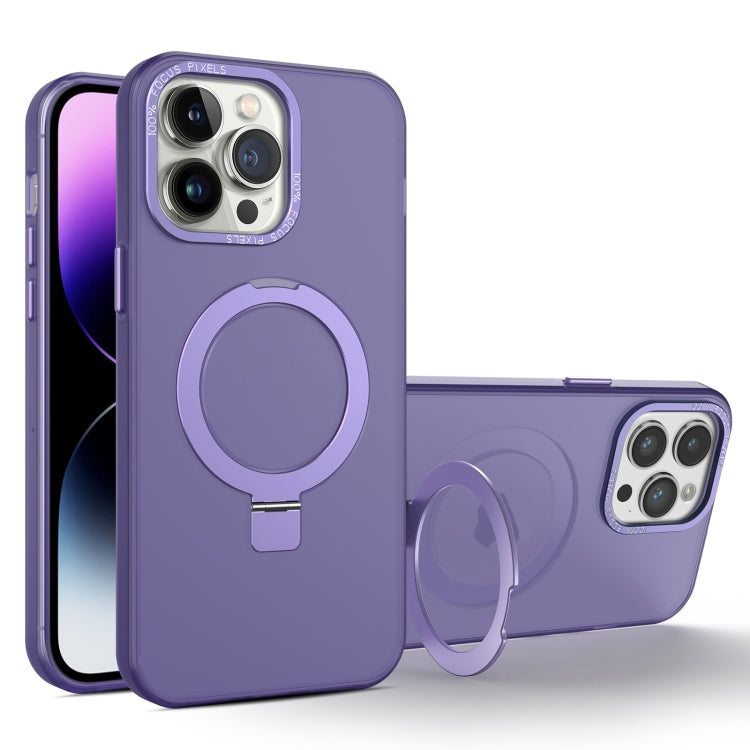 For iPhone 15 Pro Max MagSafe Metal Holder Frosted Translucent Phone Case(Dark Purple) by buy2fix