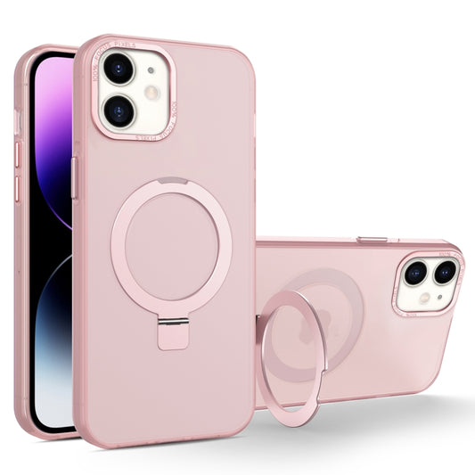 For iPhone 12 / 12 Pro MagSafe Metal Holder Frosted Translucent Phone Case(Pink) - iPhone 12 / 12 Pro Cases by buy2fix | Online Shopping UK | buy2fix