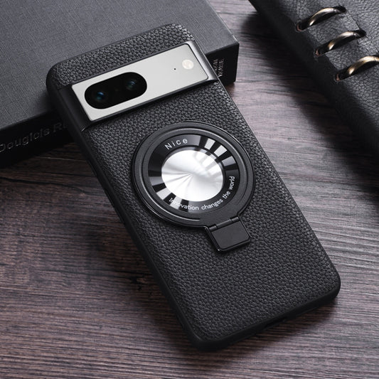 For Google Pixel 7 Litchi Texture MagSafe Magnetic Ring Phone Case(Black) - Google Cases by buy2fix | Online Shopping UK | buy2fix