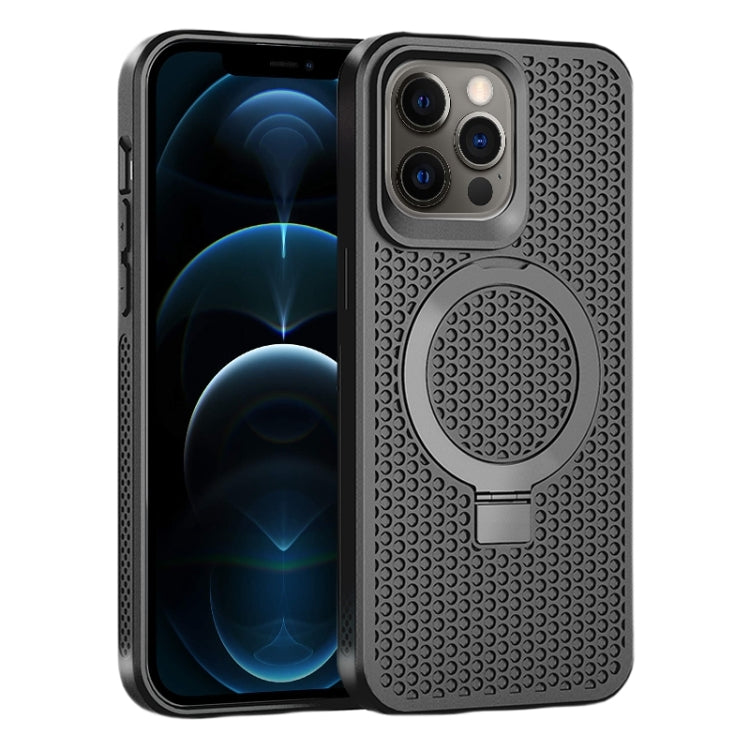 For iPhone 12 Pro Max Skin Feel PC+TPU Cooling Magnetic Magsafe Phone Case with Stand(Black) by buy2fix