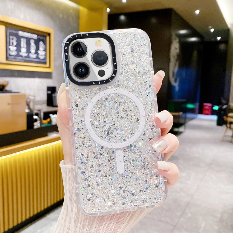 For iPhone 15 Plus Gold Armor MagSafe Glitter Epoxy Phone Case(White) - iPhone 15 Plus Cases by buy2fix | Online Shopping UK | buy2fix