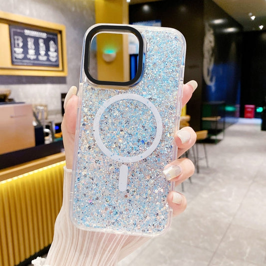 For iPhone 15 Gold Armor MagSafe Glitter Epoxy Phone Case(Blue) - iPhone 15 Cases by buy2fix | Online Shopping UK | buy2fix