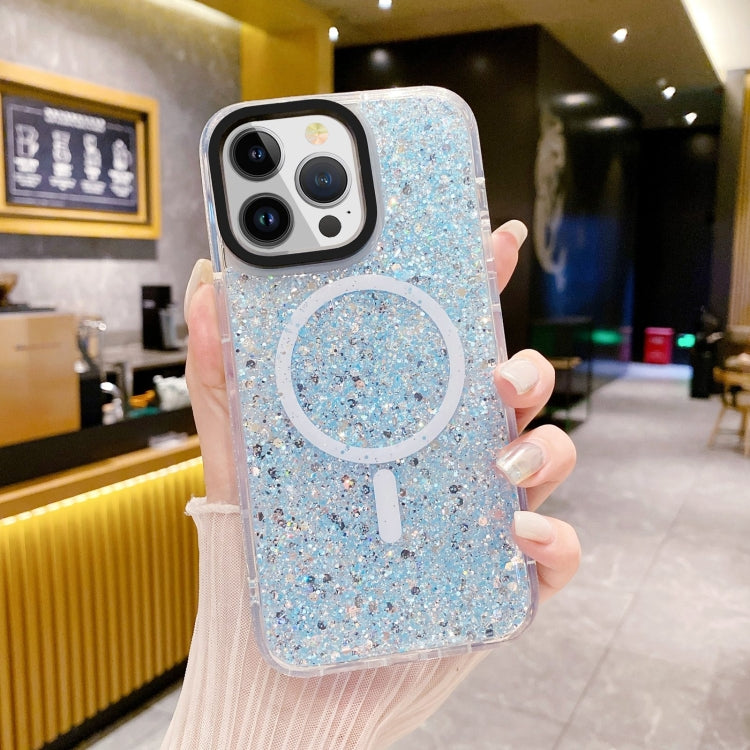 For iPhone 15 Gold Armor MagSafe Glitter Epoxy Phone Case(Blue) - iPhone 15 Cases by buy2fix | Online Shopping UK | buy2fix