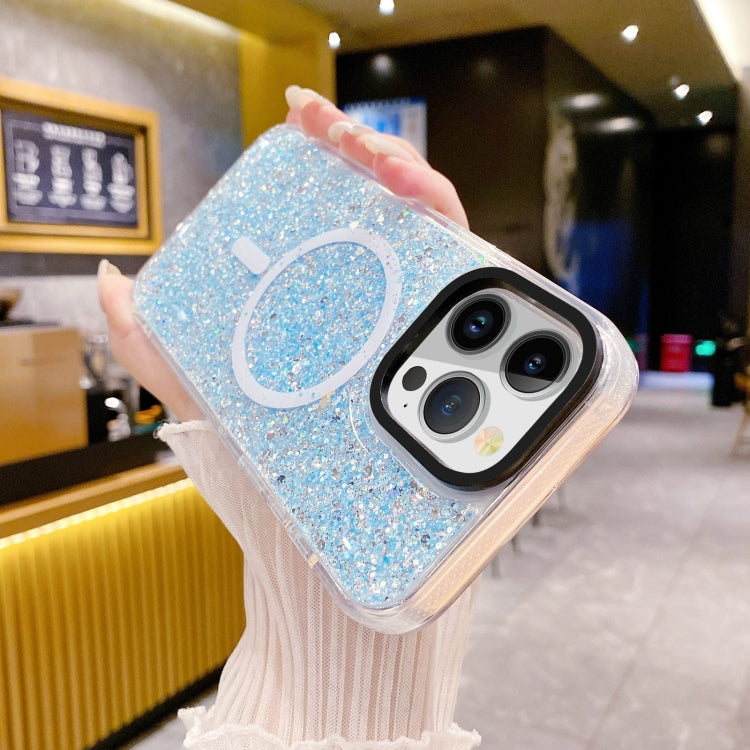 For iPhone 15 Gold Armor MagSafe Glitter Epoxy Phone Case(Blue) - iPhone 15 Cases by buy2fix | Online Shopping UK | buy2fix