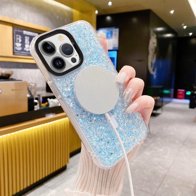 For iPhone 15 Gold Armor MagSafe Glitter Epoxy Phone Case(Blue) - iPhone 15 Cases by buy2fix | Online Shopping UK | buy2fix