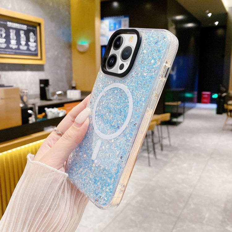 For iPhone 15 Gold Armor MagSafe Glitter Epoxy Phone Case(Blue) - iPhone 15 Cases by buy2fix | Online Shopping UK | buy2fix