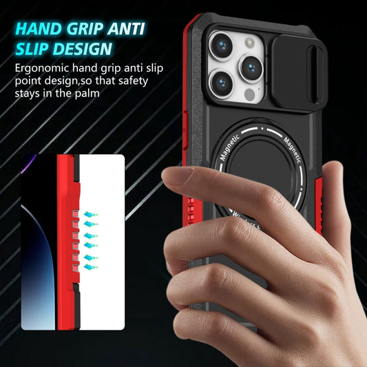 For iPhone 15 Pro Sliding Camshield MagSafe Holder TPU Hybrid PC Phone Case(Black Red) - iPhone 15 Pro Cases by buy2fix | Online Shopping UK | buy2fix