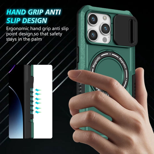 For iPhone 15 Pro Sliding Camshield MagSafe Holder TPU Hybrid PC Phone Case(Deep Green) - iPhone 15 Pro Cases by buy2fix | Online Shopping UK | buy2fix