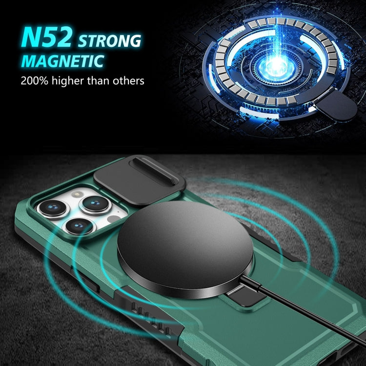 For iPhone 15 Pro Sliding Camshield MagSafe Holder TPU Hybrid PC Phone Case(Deep Green) - iPhone 15 Pro Cases by buy2fix | Online Shopping UK | buy2fix