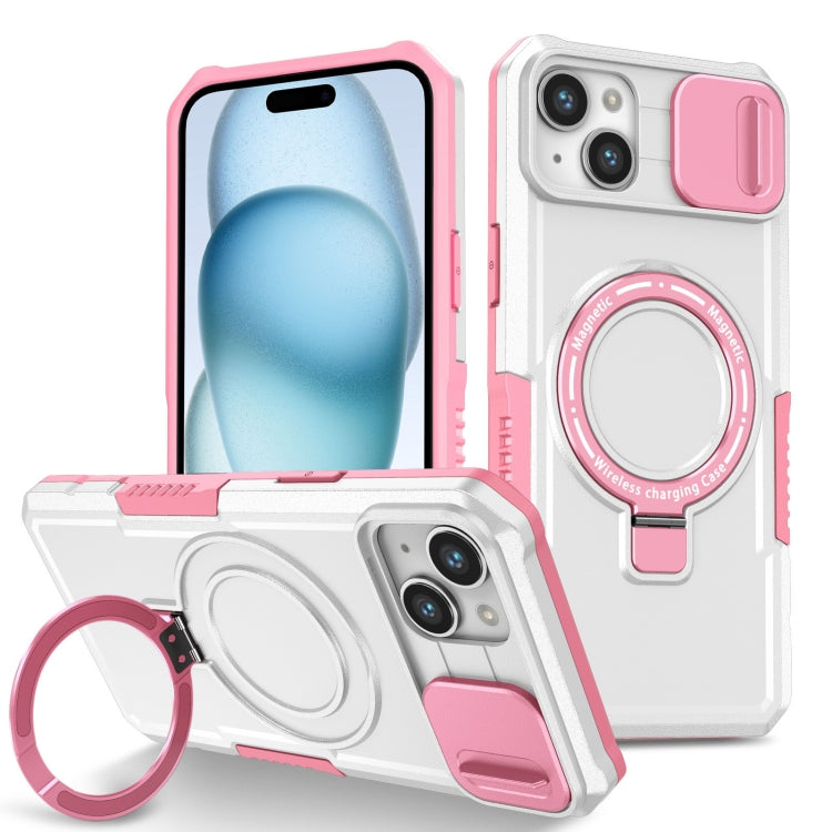 For iPhone 15 Sliding Camshield MagSafe Holder TPU Hybrid PC Phone Case(Pink White) - iPhone 15 Cases by buy2fix | Online Shopping UK | buy2fix