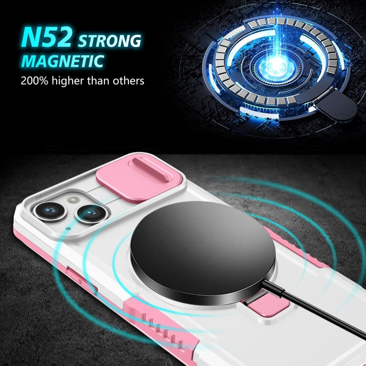 For iPhone 15 Sliding Camshield MagSafe Holder TPU Hybrid PC Phone Case(Pink White) - iPhone 15 Cases by buy2fix | Online Shopping UK | buy2fix