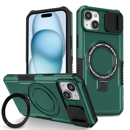For iPhone 15 Sliding Camshield MagSafe Holder TPU Hybrid PC Phone Case(Deep Green) - iPhone 15 Cases by buy2fix | Online Shopping UK | buy2fix