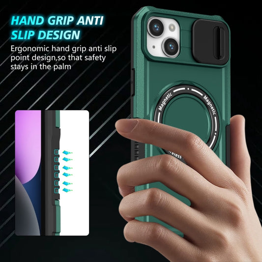 For iPhone 15 Sliding Camshield MagSafe Holder TPU Hybrid PC Phone Case(Deep Green) - iPhone 15 Cases by buy2fix | Online Shopping UK | buy2fix