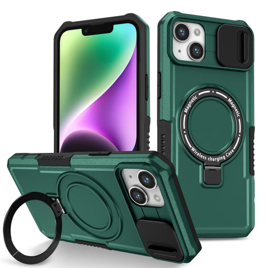 For iPhone 14 Plus Sliding Camshield MagSafe Holder TPU Hybrid PC Phone Case(Deep Green) - iPhone 14 Plus Cases by buy2fix | Online Shopping UK | buy2fix