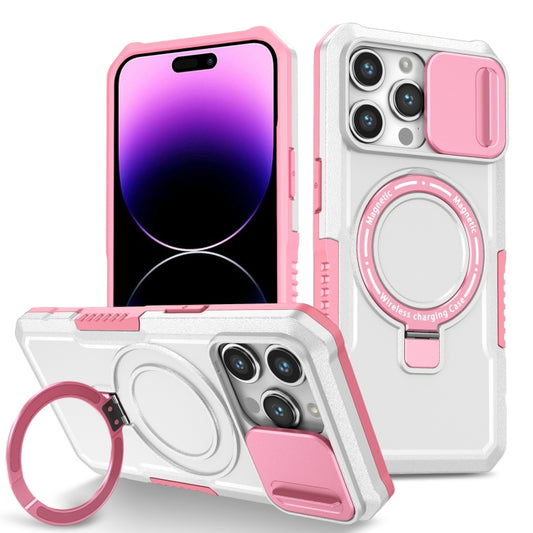 For iPhone 14 Pro Max Sliding Camshield MagSafe Holder TPU Hybrid PC Phone Case(Pink White) - iPhone 14 Pro Max Cases by buy2fix | Online Shopping UK | buy2fix