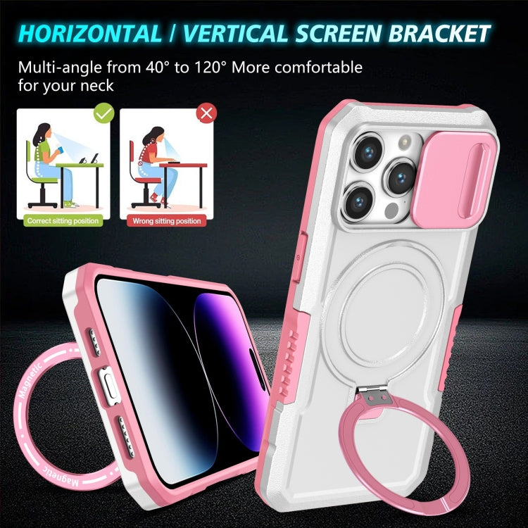 For iPhone 14 Pro Max Sliding Camshield MagSafe Holder TPU Hybrid PC Phone Case(Pink White) - iPhone 14 Pro Max Cases by buy2fix | Online Shopping UK | buy2fix