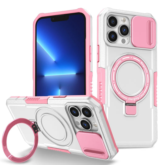 For iPhone 13 Pro Max Sliding Camshield MagSafe Holder TPU Hybrid PC Phone Case(Pink White) - iPhone 13 Pro Max Cases by buy2fix | Online Shopping UK | buy2fix