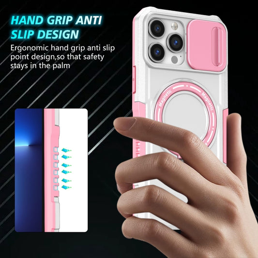 For iPhone 13 Pro Max Sliding Camshield MagSafe Holder TPU Hybrid PC Phone Case(Pink White) - iPhone 13 Pro Max Cases by buy2fix | Online Shopping UK | buy2fix