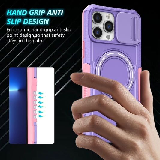 For iPhone 13 Pro Max Sliding Camshield MagSafe Holder TPU Hybrid PC Phone Case(Pink Purple) - iPhone 13 Pro Max Cases by buy2fix | Online Shopping UK | buy2fix