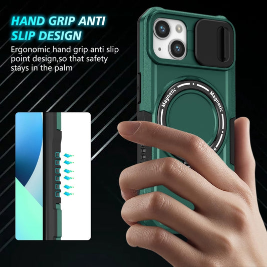 For iPhone 13 Sliding Camshield MagSafe Holder TPU Hybrid PC Phone Case(Deep Green) - iPhone 13 Cases by buy2fix | Online Shopping UK | buy2fix