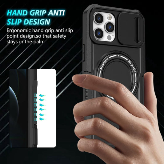 For iPhone 12 Pro Max Sliding Camshield MagSafe Holder TPU Hybrid PC Phone Case(Black) - iPhone 12 Pro Max Cases by buy2fix | Online Shopping UK | buy2fix