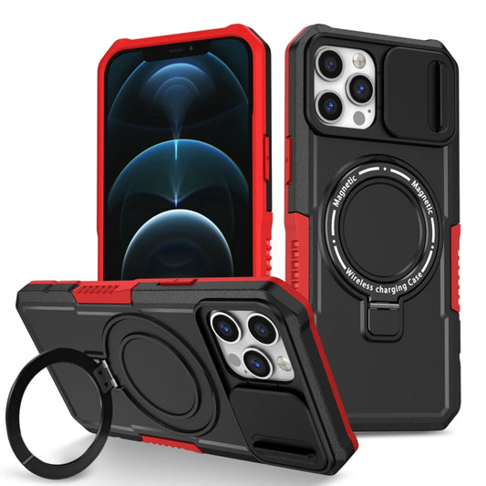 For iPhone 12 Pro Max Sliding Camshield MagSafe Holder TPU Hybrid PC Phone Case(Black Red) - iPhone 12 Pro Max Cases by buy2fix | Online Shopping UK | buy2fix