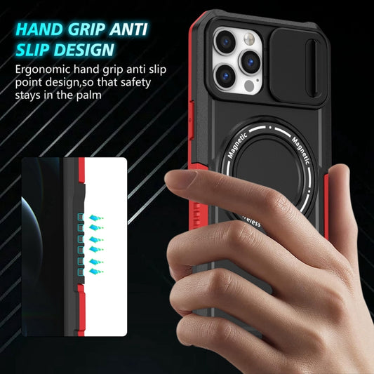 For iPhone 12 Pro Max Sliding Camshield MagSafe Holder TPU Hybrid PC Phone Case(Black Red) - iPhone 12 Pro Max Cases by buy2fix | Online Shopping UK | buy2fix