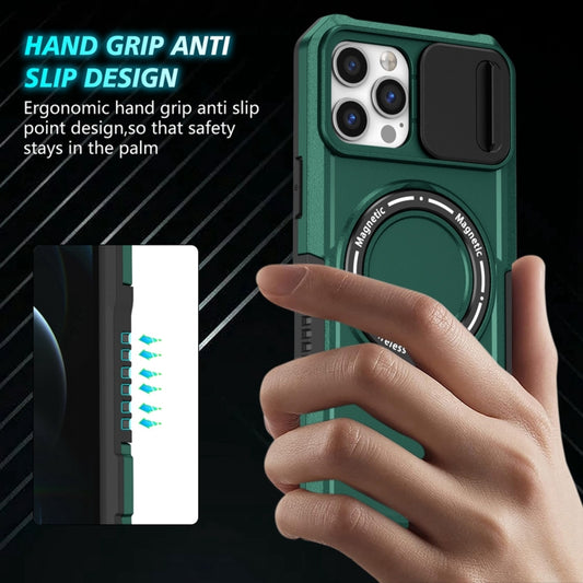 For iPhone 12 Pro Max Sliding Camshield MagSafe Holder TPU Hybrid PC Phone Case(Deep Green) - iPhone 12 Pro Max Cases by buy2fix | Online Shopping UK | buy2fix