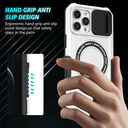For iPhone 12 Pro Sliding Camshield MagSafe Holder TPU Hybrid PC Phone Case(Black White) by buy2fix