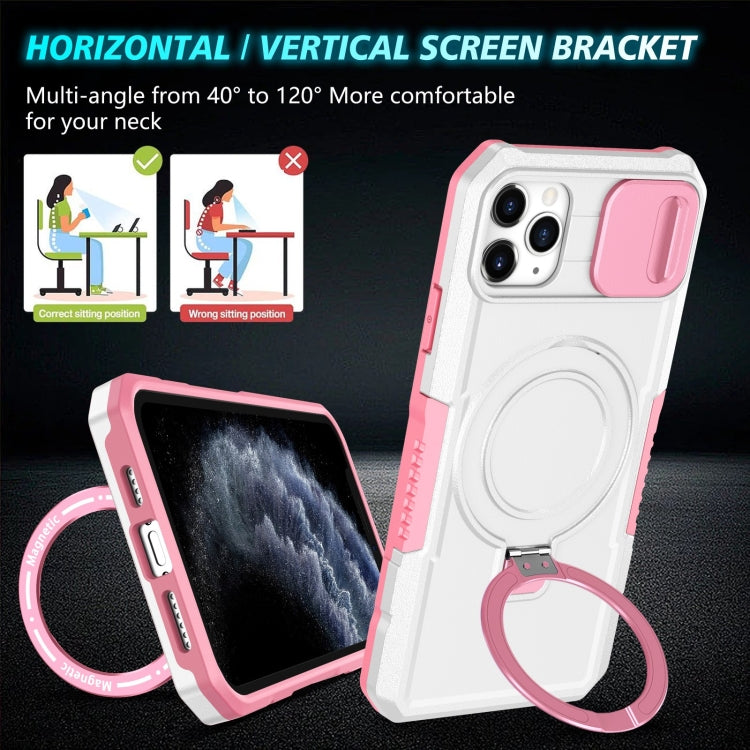 For iPhone 11 Pro Max Sliding Camshield MagSafe Holder TPU Hybrid PC Phone Case(Pink White) by buy2fix