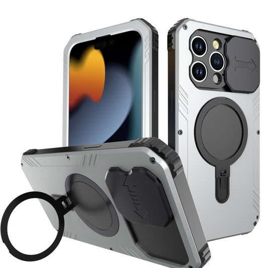 For iPhone 15 Camera Shield MagSafe Holder Life Waterproof Phone Case(Silver) - iPhone 15 Cases by buy2fix | Online Shopping UK | buy2fix