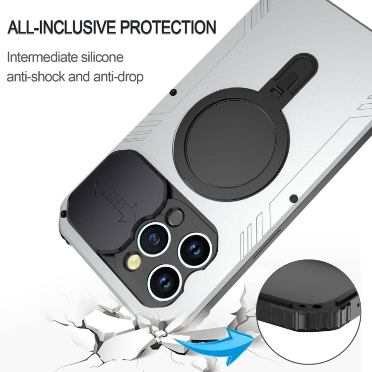 For iPhone 15 Camera Shield MagSafe Holder Life Waterproof Phone Case(Silver) - iPhone 15 Cases by buy2fix | Online Shopping UK | buy2fix