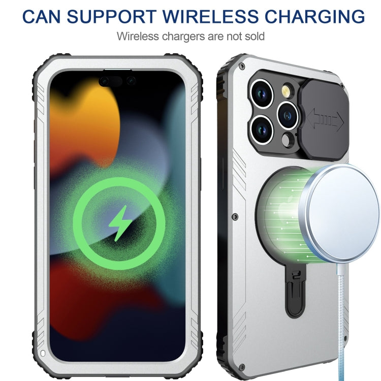 For iPhone 15 Camera Shield MagSafe Holder Life Waterproof Phone Case(Silver) - iPhone 15 Cases by buy2fix | Online Shopping UK | buy2fix