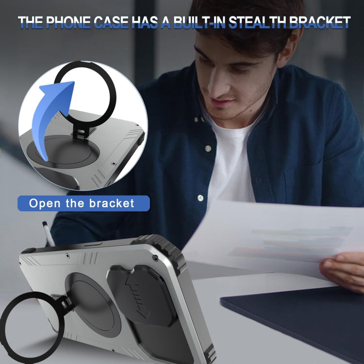 For iPhone 15 Camera Shield MagSafe Holder Life Waterproof Phone Case(Silver) - iPhone 15 Cases by buy2fix | Online Shopping UK | buy2fix
