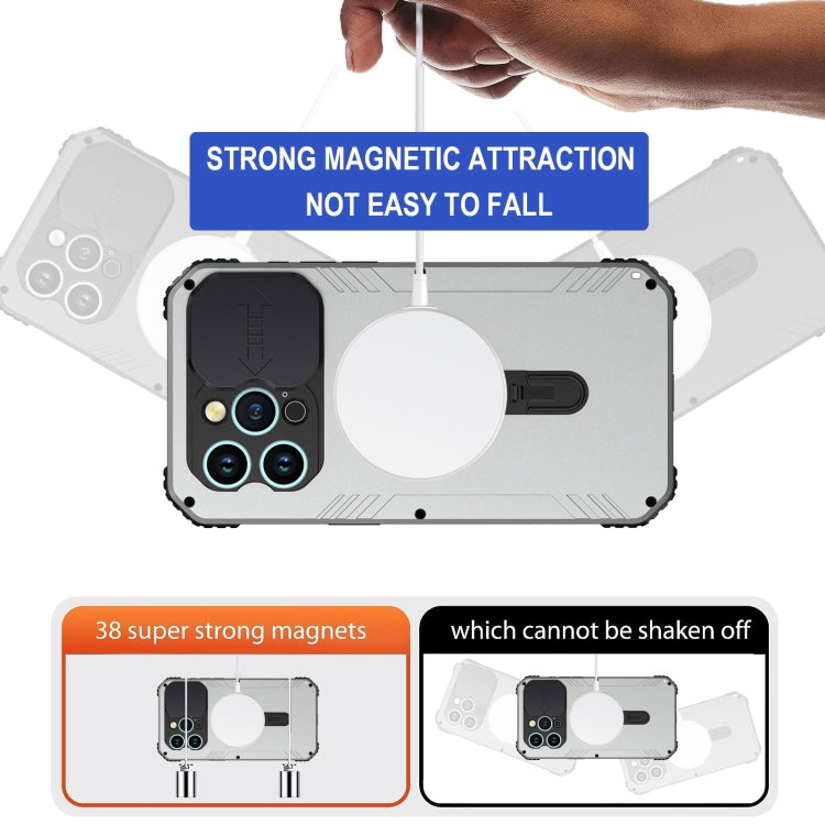 For iPhone 15 Camera Shield MagSafe Holder Life Waterproof Phone Case(Silver) - iPhone 15 Cases by buy2fix | Online Shopping UK | buy2fix