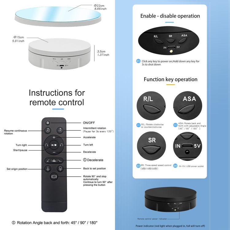 22cm Mirror Electric Rotating Display Stand Live Video Shooting Props Turntable With Remote Control(Black) by buy2fix