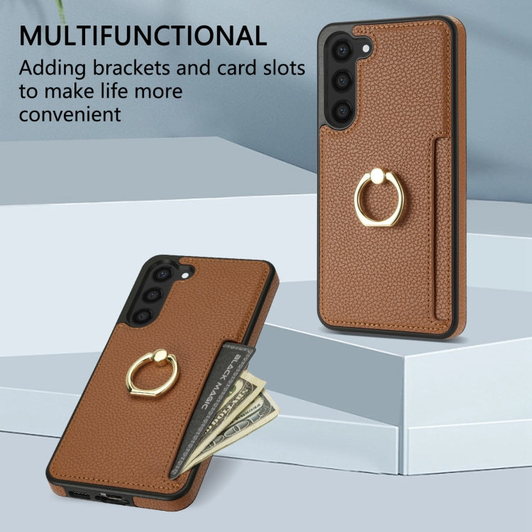 For Samsung Galaxy S23+ 5G Ring Card  Litchi Leather Back Phone Case(Brown) - Galaxy S23+ 5G Cases by buy2fix | Online Shopping UK | buy2fix