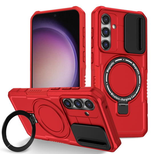 For Samsung Galaxy S23 FE 5G Sliding Camshield Magsafe Holder TPU Hybrid PC Phone Case(Red)