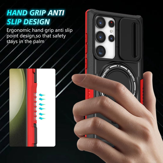 For Samsung Galaxy S23 Ultra 5G Sliding Camshield Magsafe Holder TPU Hybrid PC Phone Case(Black Red) by buy2fix