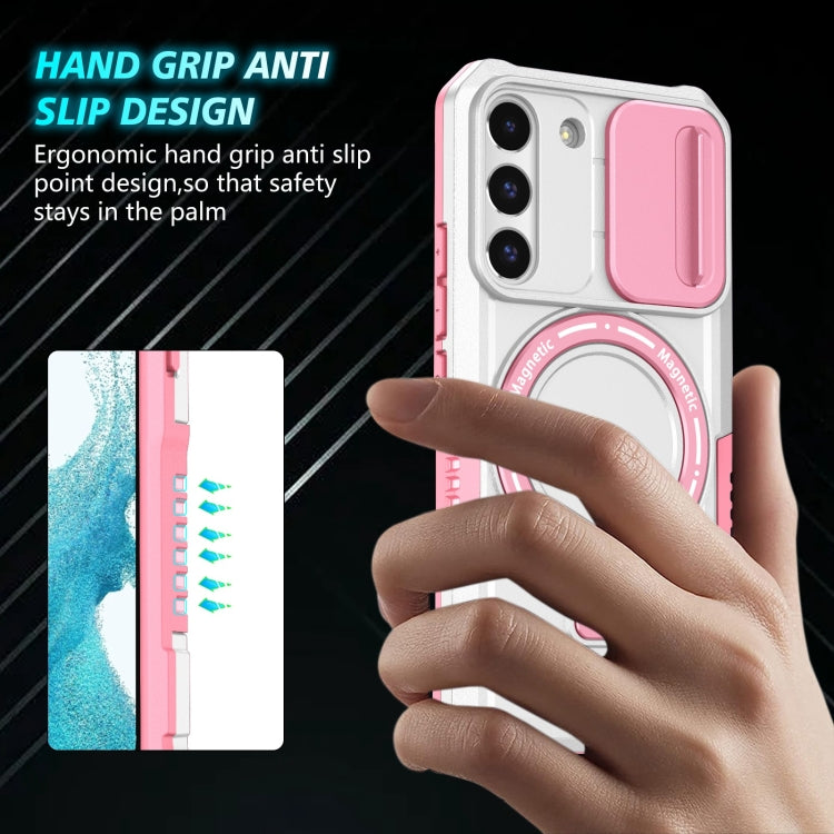 For Samsung Galaxy S22 5G Sliding Camshield Magsafe Holder TPU Hybrid PC Phone Case(Pink White) by buy2fix
