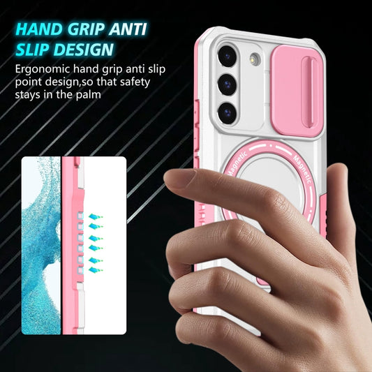 For Samsung Galaxy S22 5G Sliding Camshield Magsafe Holder TPU Hybrid PC Phone Case(Pink White) by buy2fix