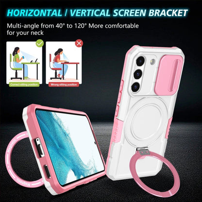 For Samsung Galaxy S22 5G Sliding Camshield Magsafe Holder TPU Hybrid PC Phone Case(Pink White) by buy2fix