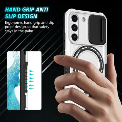 For Samsung Galaxy S22 5G Sliding Camshield Magsafe Holder TPU Hybrid PC Phone Case(Black White) by buy2fix