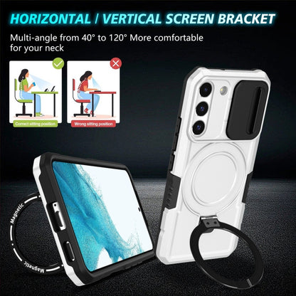 For Samsung Galaxy S22 5G Sliding Camshield Magsafe Holder TPU Hybrid PC Phone Case(Black White) by buy2fix