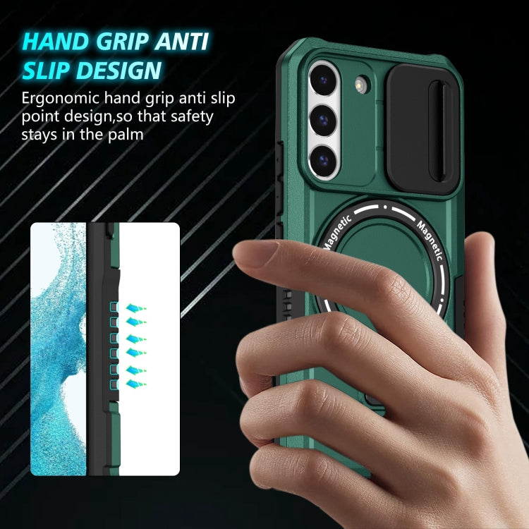 For Samsung Galaxy S22 5G Sliding Camshield Magsafe Holder TPU Hybrid PC Phone Case(Deep Green) by buy2fix