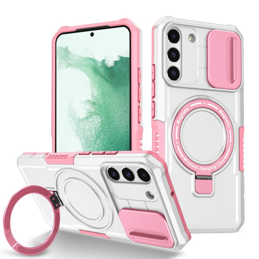 For Samsung Galaxy S22+ 5G Sliding Camshield Magsafe Holder TPU Hybrid PC Phone Case(Pink White) - Galaxy S22+ 5G Cases by buy2fix | Online Shopping UK | buy2fix