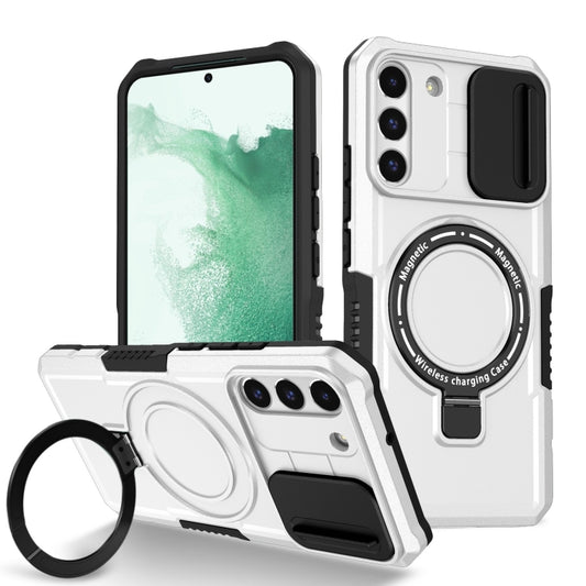 For Samsung Galaxy S22+ 5G Sliding Camshield Magsafe Holder TPU Hybrid PC Phone Case(Black White) - Galaxy S22+ 5G Cases by buy2fix | Online Shopping UK | buy2fix