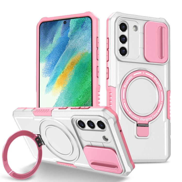 For Samsung Galaxy S21 FE 5G Sliding Camshield Magsafe Holder TPU Hybrid PC Phone Case(Pink White) by buy2fix