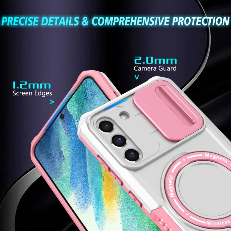 For Samsung Galaxy S21 FE 5G Sliding Camshield Magsafe Holder TPU Hybrid PC Phone Case(Pink White) by buy2fix